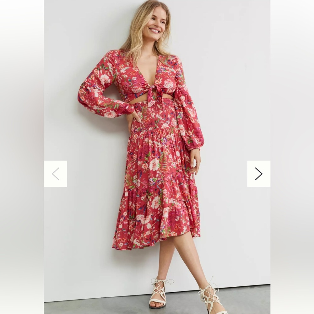 Anthropologie Red Floral Tie-Front Skirt Set